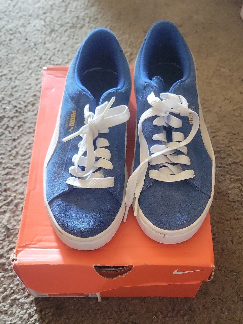 Puma Blue and White Suede Low-Top Sneakers